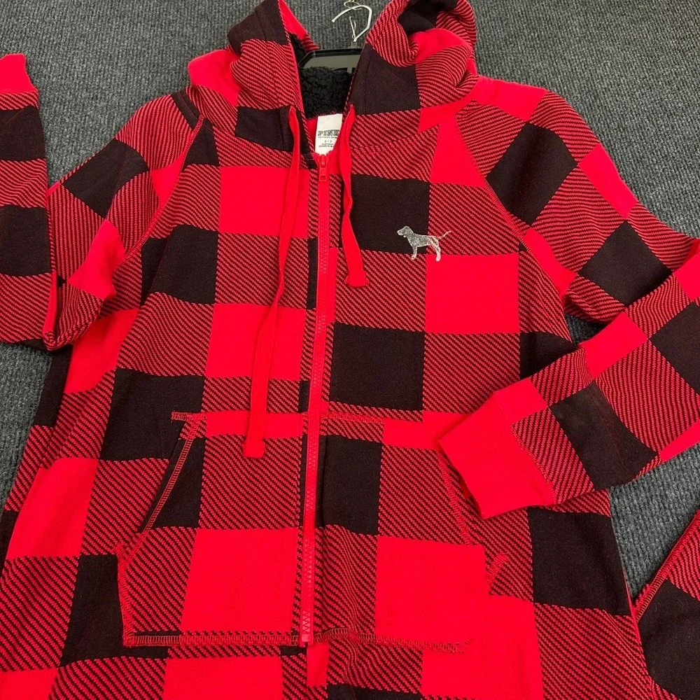 Victoria Secret PINK Red Buffalo Plaid Hooded Sherpa Long Jane One-Piece PJ - SM - Picture 2 of 15